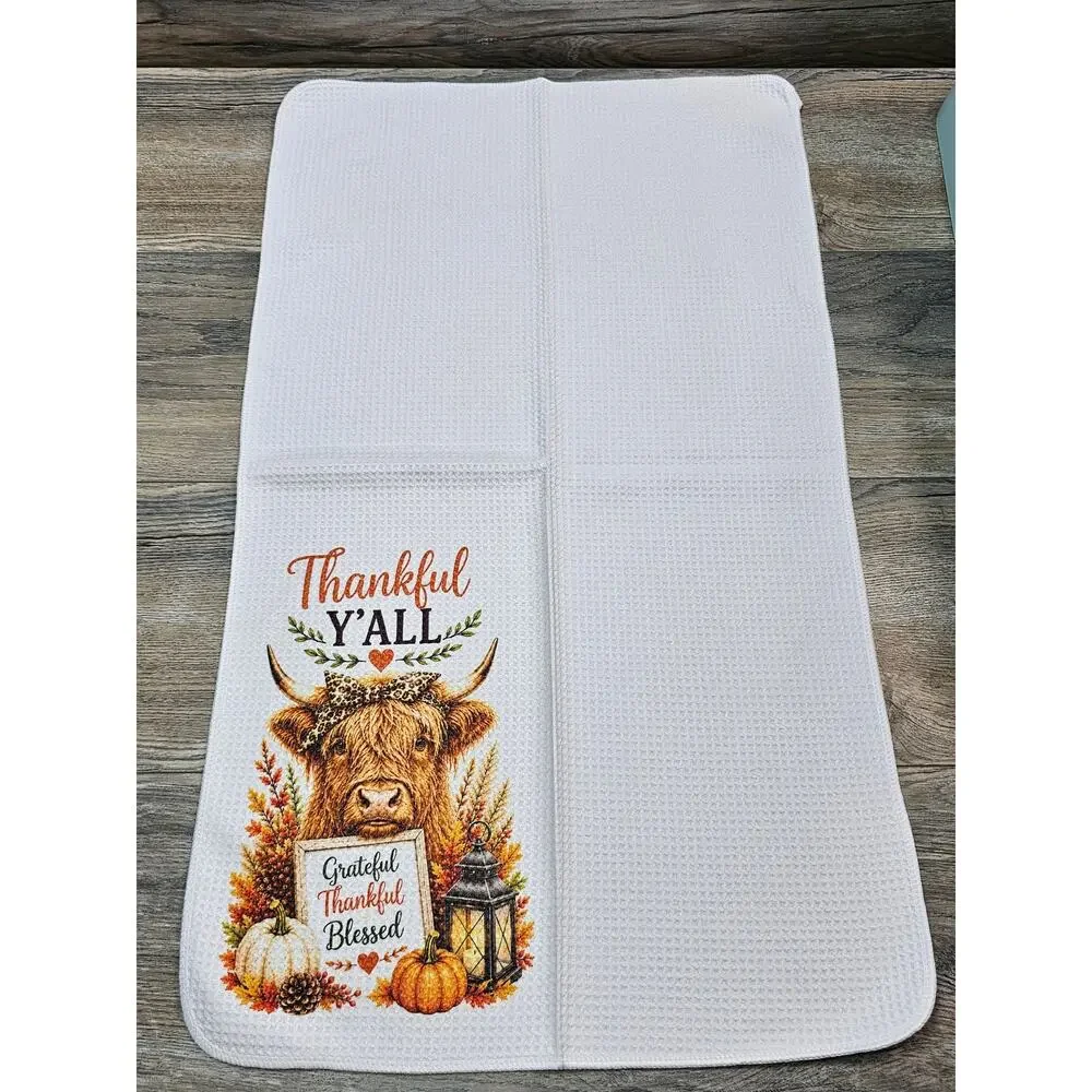 Highland Cow Thanksgiving Kitchen Towel Thankful Y'all Fall Farmhouse Decor